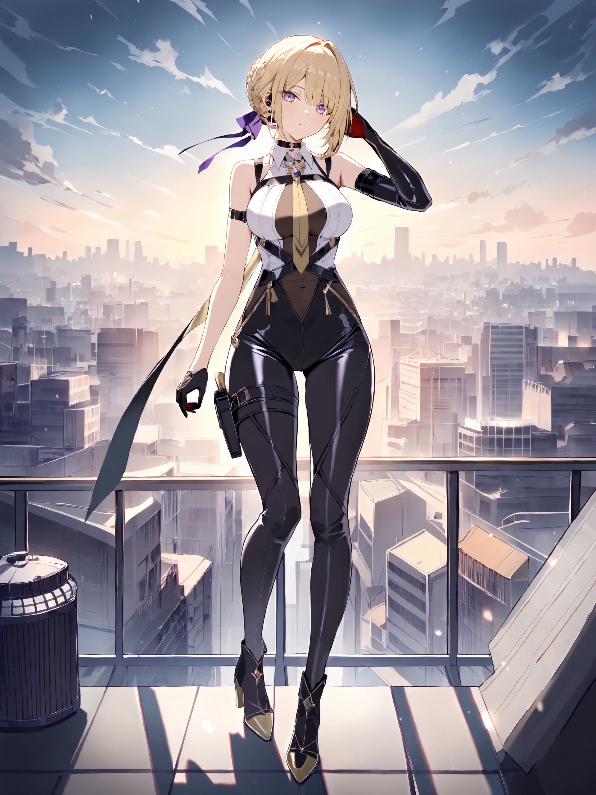 masterpiece, high score, great score, absurdres, blonde hair, purple eyes, <lora:Char-ZZZ-Evelyn-V1-XL:1:hr=0.6>, 1girl, solo, evelyn chevalier, braided bun, hair up, black hair ribbon, earpiece, thigh holster, high-waist tight pants, black gloves, collared sleeveless shirt, chest harness, arm strap, single gauntlet, yellow necktie, pendant choker, high heel boots, full body, standing, parted lips, looking at viewer, hand in own hair, floating hair, outdoors, rooftop, cityscape, skyline