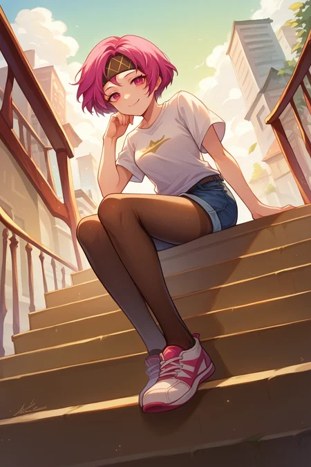 score_9, score_8_up, score_7_up, digital painting, 1girl, solo, <lora:NSNeimiFE8:1> NSNeimiFE8, short hair, pink eyes, headband, white t-shirt, denim shorts, pantyhose under shorts, pantyhose, sitting, stairs, outdoors, city, sneakers, dutch angle, full body, from below, looking at the viewer, smug