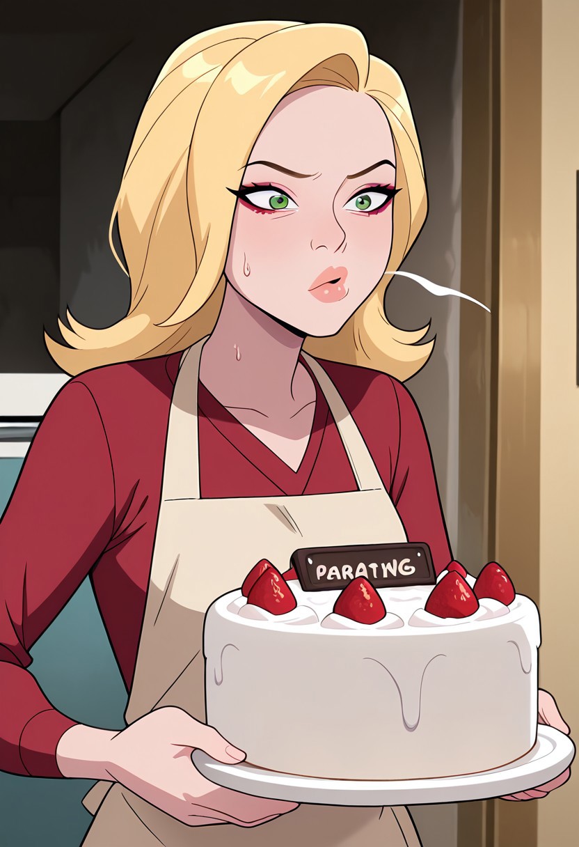 masterpiece, best quality, amazing quality, very aesthetic, absurdres, newest, ((screencap, parody, cartoon))
sandraten, blonde hair, 1girl, green eyes, lips, red shirt, long sleeves, makeup, v-neck
baking cake, mittens, apron, blowing, sweating, wedding cake,