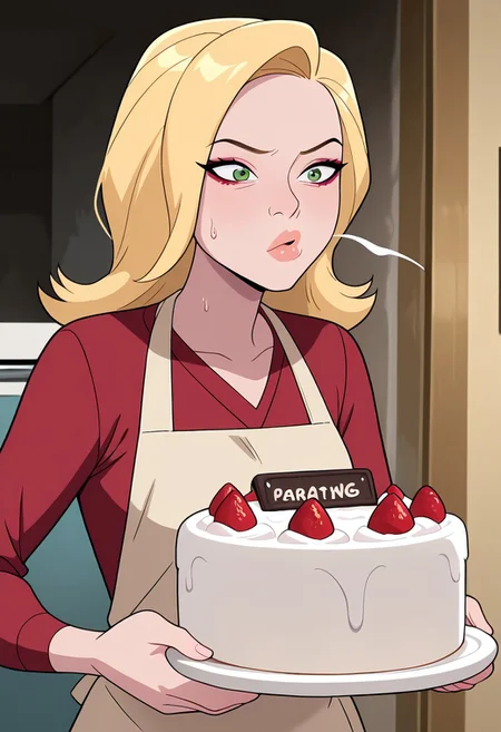 masterpiece, best quality, amazing quality, very aesthetic, absurdres, newest, ((screencap, parody, cartoon))
sandraten, blonde hair, 1girl, green eyes, lips, red shirt, long sleeves, makeup, v-neck
baking cake, mittens, apron, blowing, sweating, wedding cake,