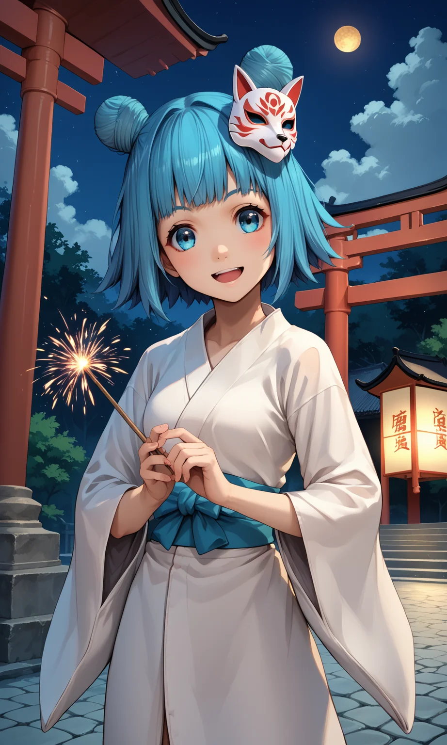 score_9, score_8_up, score_7_up, source_anime, jovixd, 1girl, solo, blue hair, blue eyes, short hair, double bun, white yukata, floral print, outdoors, night, torii gate, holding sparkler, fox mask, mask on head, japanese architecture, cowboy shot, looking at viewer, smile, open mouth, head tilt