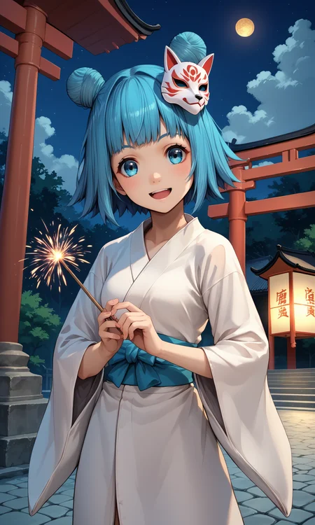 score_9, score_8_up, score_7_up, source_anime, jovixd, 1girl, solo, blue hair, blue eyes, short hair, double bun, white yukata, floral print, outdoors, night, torii gate, holding sparkler, fox mask, mask on head, japanese architecture, cowboy shot, looking at viewer, smile, open mouth, head tilt