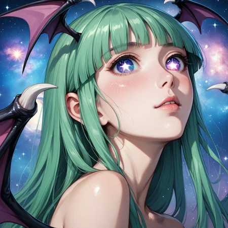 score_9, score_8_up, score_8, (source_anime), eyedetailxl, bettereyes, detailed_eyes, BREAK, Morrigan Aensland, blush, perfect face, 1woman, 22 years old, (galaxy_eyes), galaxy eyes, MorriganAe, hime_cut, emerald_green hair, blunt bangs, close-up, focus on eyes, focus on face,