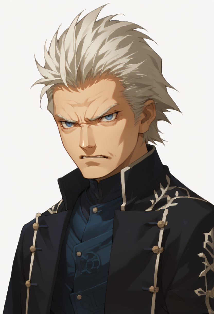 score_9, score_8_up, score_7_up, source_anime, 1boy, solo, angry
<lora:zs_SMTIVPortraitsXL_2:1> smtivportraits, portraits, white background, upper body
 <lora:dmc5_vergil_ponyXL:1> dmc5vergil, white hair, short hair, blue eyes, black coat,