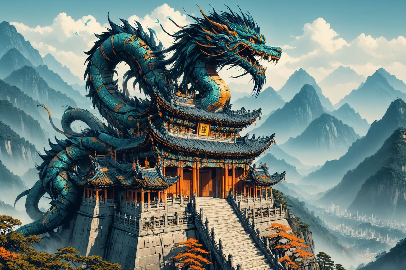dragon on top of a temple in mountains, mad-cbrpnksplshrt, <lora:Splash_Art_SDXL:1.2>, (masterpiece:1.2), best quality