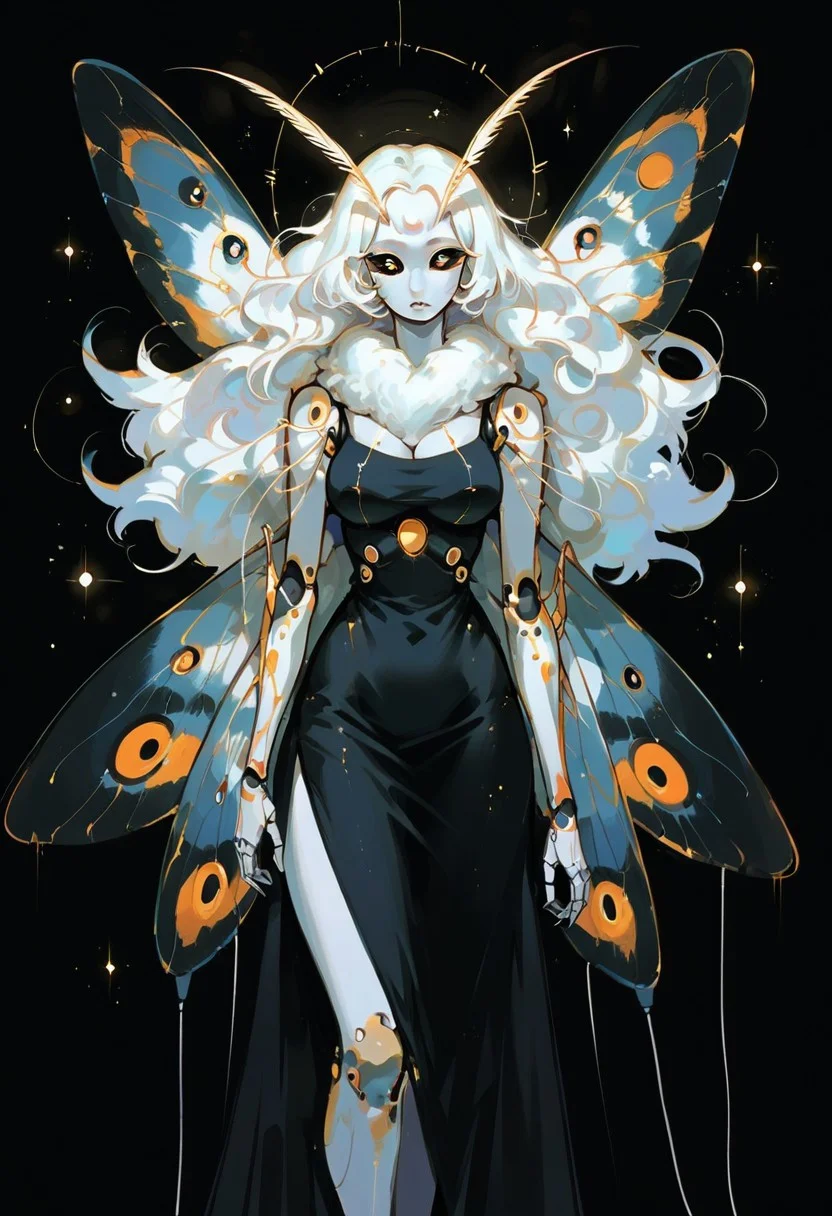 score_9, score_8_up, score_7_up, score_6_up, score_5_up, wat, 1girl, solo, black background, golden eyes, white skin, looking at viewer, g0ldl34f, abstract, curvy, busty, starry sky, long hair, black dress, 1r1d3sc3nc3, moth, monster girl, wings, arthropod girl, extra eyes, black sclera, antennae, wires, cybernetics, metallic arms