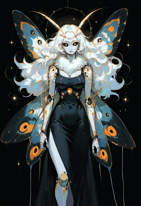 score_9, score_8_up, score_7_up, score_6_up, score_5_up, wat, 1girl, solo, black background, golden eyes, white skin, looking at viewer, g0ldl34f, abstract, curvy, busty, starry sky, long hair, black dress, 1r1d3sc3nc3, moth, monster girl, wings, arthropod girl, extra eyes, black sclera, antennae, wires, cybernetics, metallic arms