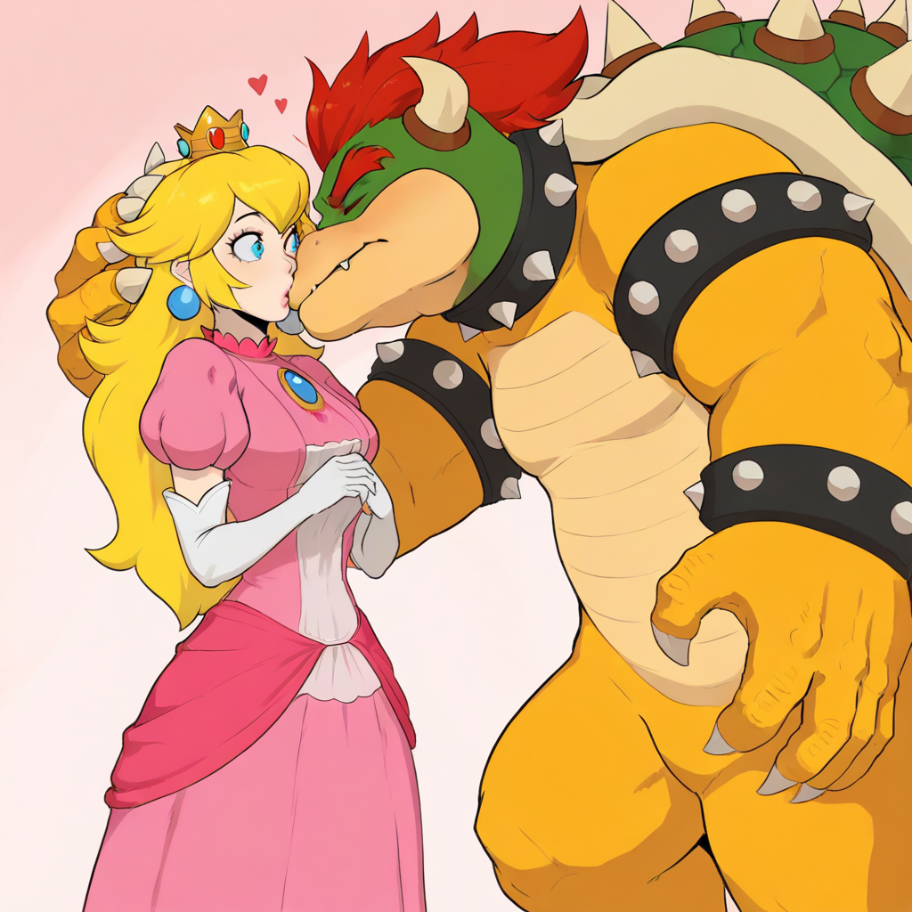 masterpiece, best quality, newest, absurdres, highres, arbuz_budesh, FWNFKI-V1.0, furry with non-furry, furry, kiss, 1boy, bowser, spikes, spiked shell, spiked tail, spikes, turtle shell, horns,  furry male, 1girl, princess peach, blonde, pink dress, crown, blue eyes,