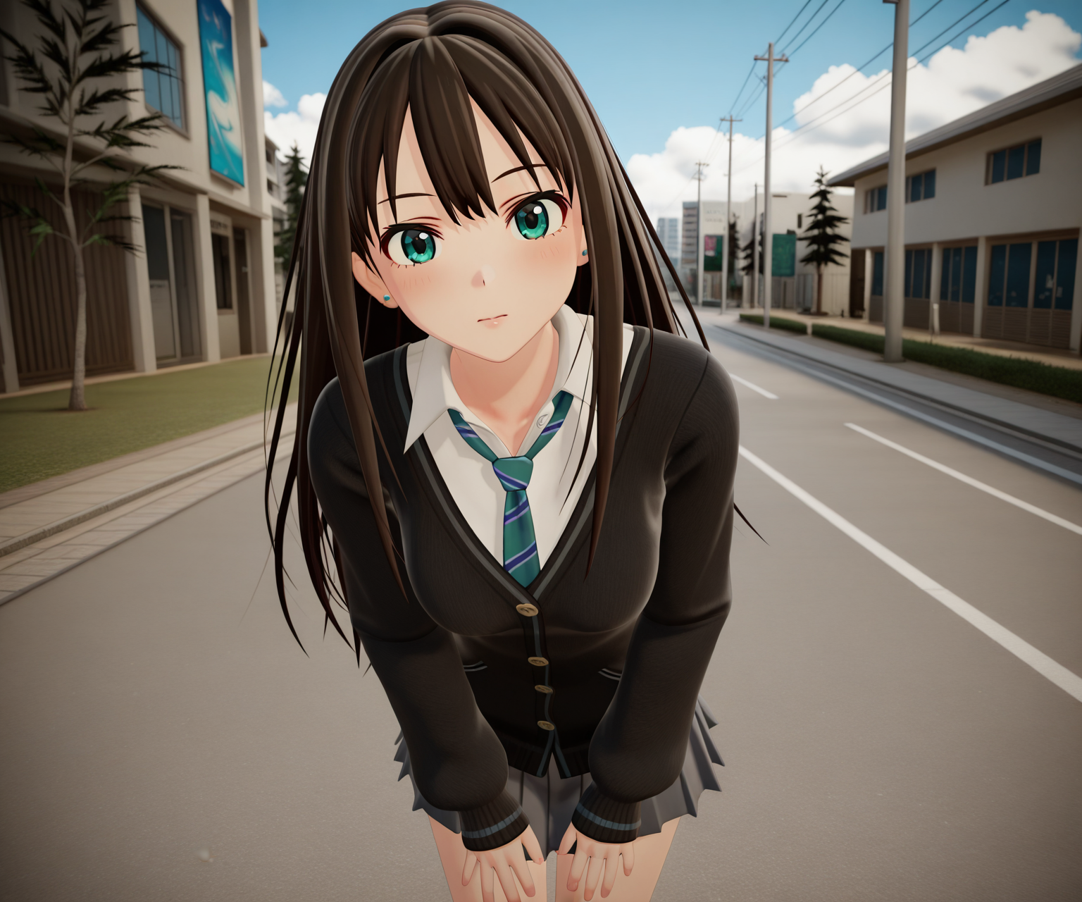 masterpiece, best quality, amazing quality, , 1girl, solo, looking at viewer, shibuya rin, cardigan, shirt, skirt,  outdoors,   <lora:New Kizuna AI ILL-v2:1> newkizunaai, 3d,