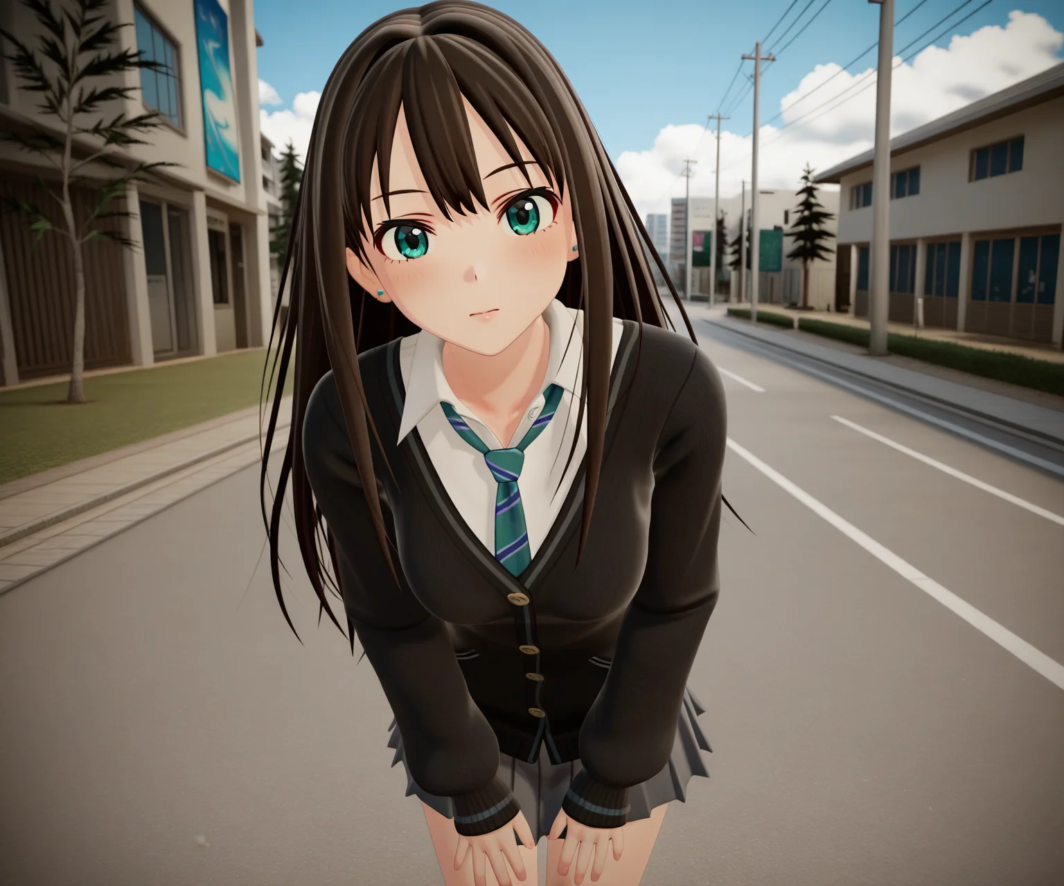 masterpiece, best quality, amazing quality, , 1girl, solo, looking at viewer, shibuya rin, cardigan, shirt, skirt, outdoors, <lora:New Kizuna AI ILL-v2:1> newkizunaai, 3d,
