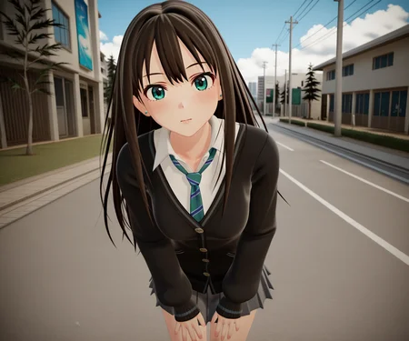 masterpiece, best quality, amazing quality, , 1girl, solo, looking at viewer, shibuya rin, cardigan, shirt, skirt, outdoors, <lora:New Kizuna AI ILL-v2:1> newkizunaai, 3d,
