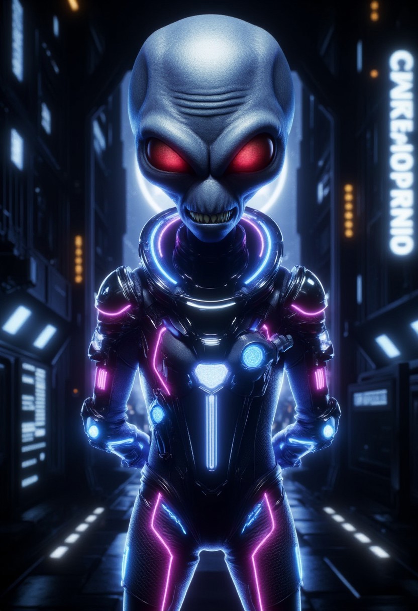 Crypto, grey alien, grey skin, red eyes, sharp teeth, spaceship background, neon blue glowing space suit, mad-neon-noir, full-length portrait, hands behind back, evil grin, looking down at viewer,