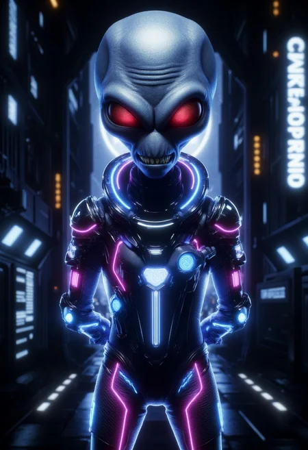 Crypto, grey alien, grey skin, red eyes, sharp teeth, spaceship background, neon blue glowing space suit, mad-neon-noir, full-length portrait, hands behind back, evil grin, looking down at viewer,