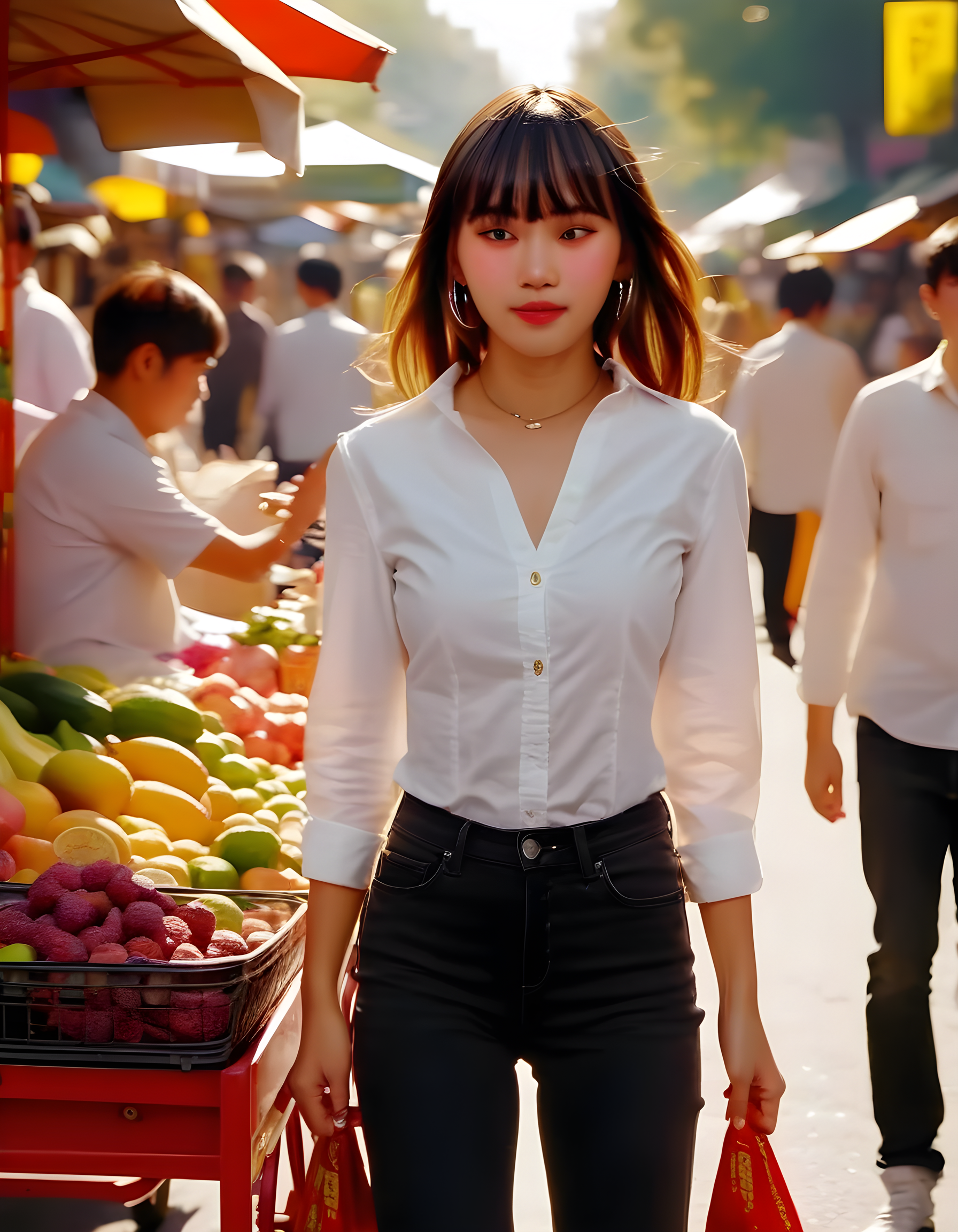 K1MCWYT, In a bustling open-air market under the golden glow of midday sun, a striking woman with bold blunt bangs and a captivating gaze adorned by intricate silver earrings stands alone, her white shirt casually unbuttoned to reveal a hint of mystery, her hands tucked into the pockets of her black jeans as she leans confidently against a vibrant red cart overflowing with fresh, ripe fruits and colorful spices, the sun casting a warm, golden light on her and creating an ethereal halo effect around her head.