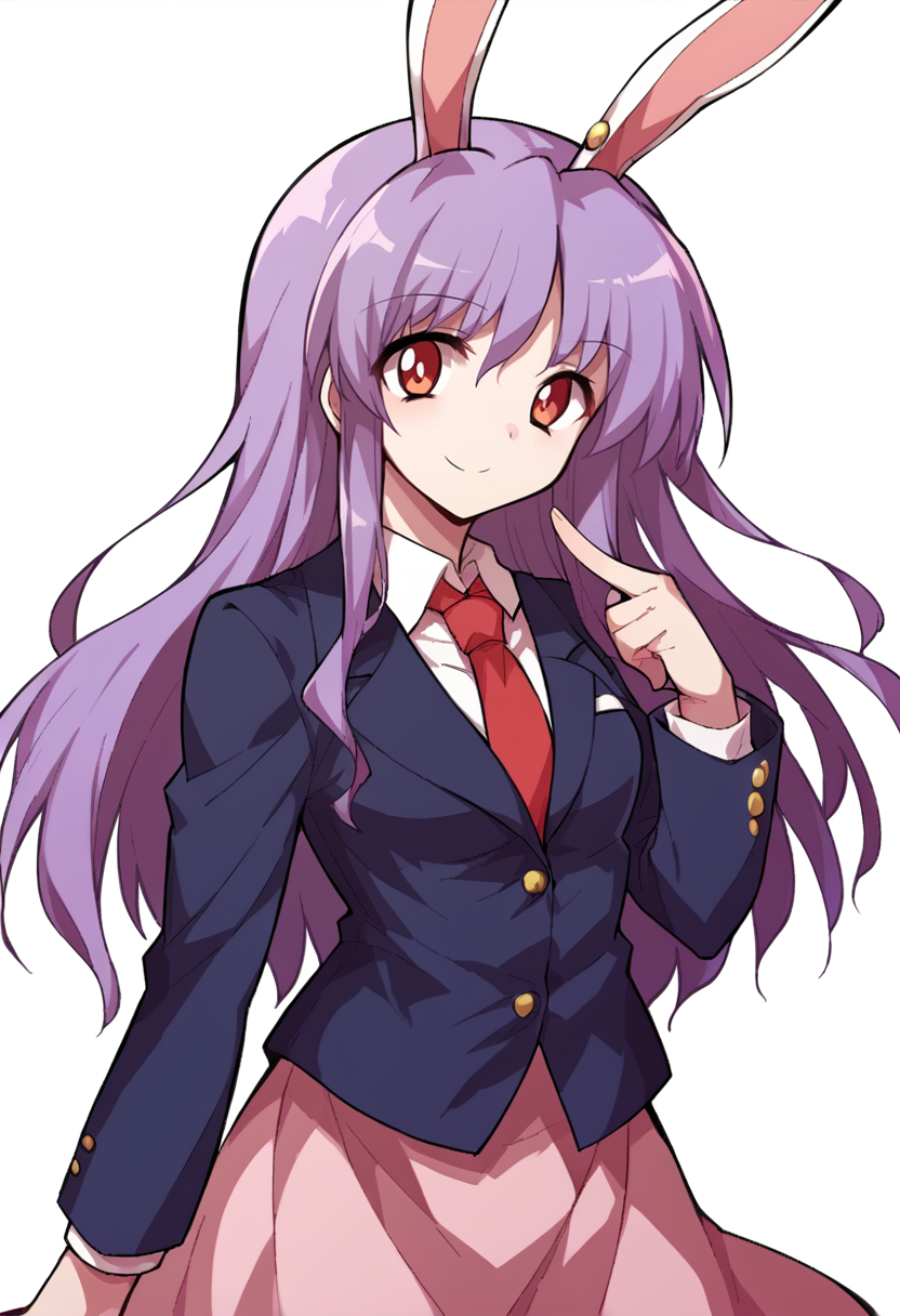 score_9, score_8_up, score_7_up, source_anime, BREAK, 1girl, solo, <lora:Alphes_Style:1> Alphes_Style, <lora:reisen_udongein_inaba_ponyxl:0.8> reisen_udongein_inaba, purple_hair, red_eyes, rabbit_ears, long_hair, white_shirt, red_necktie, pink_skirt, blazer, looking at viewer, smiling, closed mouth, finger gun, simple background, white background