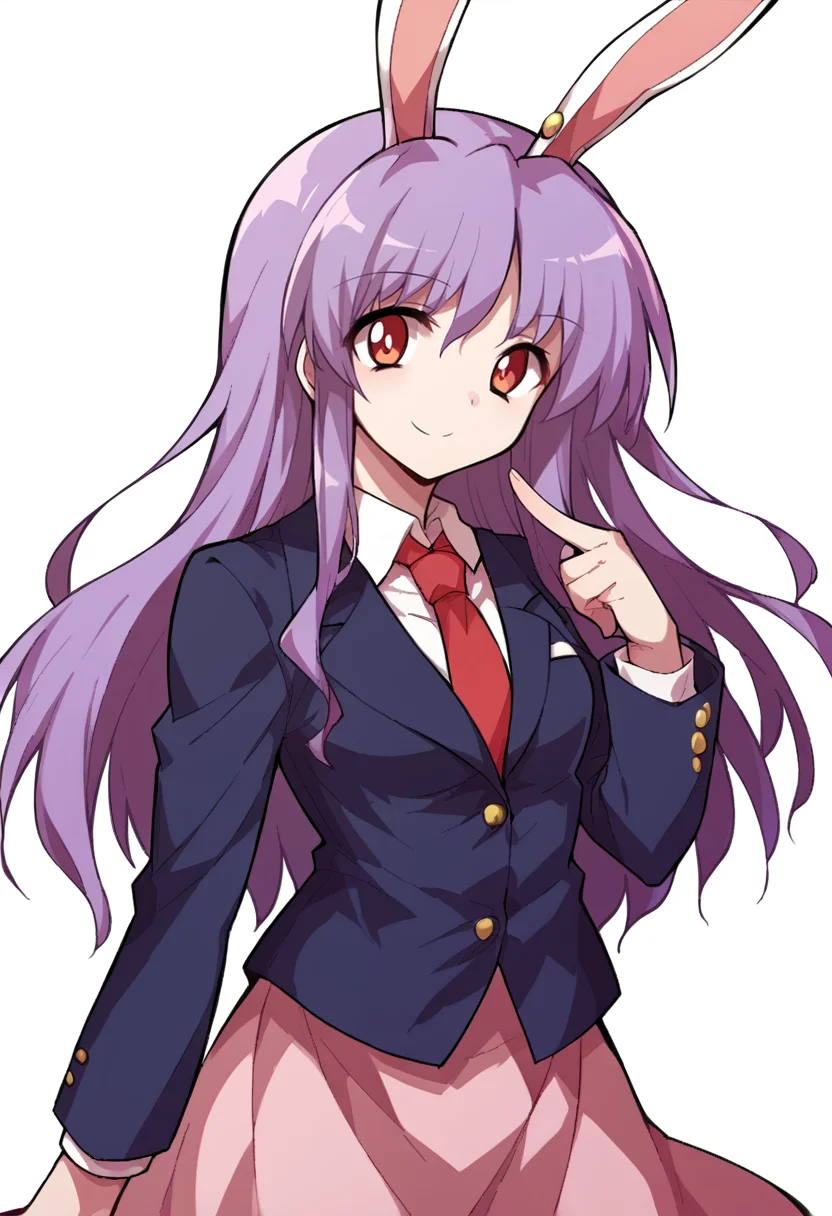 score_9, score_8_up, score_7_up, source_anime, BREAK, 1girl, solo, <lora:Alphes_Style:1> Alphes_Style, <lora:reisen_udongein_inaba_ponyxl:0.8> reisen_udongein_inaba, purple_hair, red_eyes, rabbit_ears, long_hair, white_shirt, red_necktie, pink_skirt, blazer, looking at viewer, smiling, closed mouth, finger gun, simple background, white background