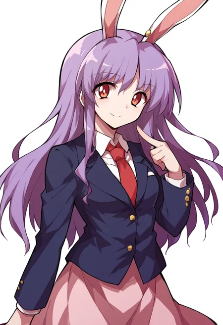 score_9, score_8_up, score_7_up, source_anime, BREAK, 1girl, solo, <lora:Alphes_Style:1> Alphes_Style, <lora:reisen_udongein_inaba_ponyxl:0.8> reisen_udongein_inaba, purple_hair, red_eyes, rabbit_ears, long_hair, white_shirt, red_necktie, pink_skirt, blazer, looking at viewer, smiling, closed mouth, finger gun, simple background, white background