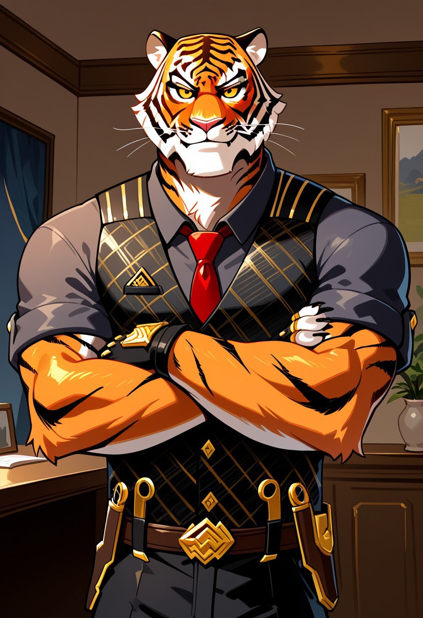 Masterpiece, best quality, high quality, detailed, Oscar, Fortnite Oscar, broad shoulders, mature male, orange eyes, yellow sclera, athletic build, animal ears, tiger, orange body, scars, anthro, anthro male, muscle gut, smiling, looking at viewer, arms crossed, standing, lavish office, black vest, black collared shirt, red tie, fingerless gloves, half body, cowboy shot, dutch angle