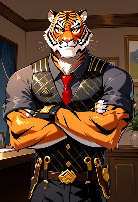 Masterpiece, best quality, high quality, detailed, Oscar, Fortnite Oscar, broad shoulders, mature male, orange eyes, yellow sclera, athletic build, animal ears, tiger, orange body, scars, anthro, anthro male, muscle gut, smiling, looking at viewer, arms crossed, standing, lavish office, black vest, black collared shirt, red tie, fingerless gloves, half body, cowboy shot, dutch angle
