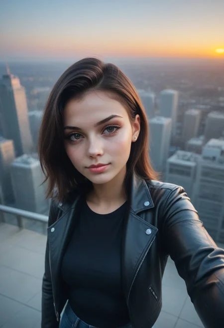 score_9_up, score_8_up, score_7_up, score_6_up detailed, city background, 1girl, 24yo, selfie, from above, mechanical parts, sunrise, open jacket, tight jean