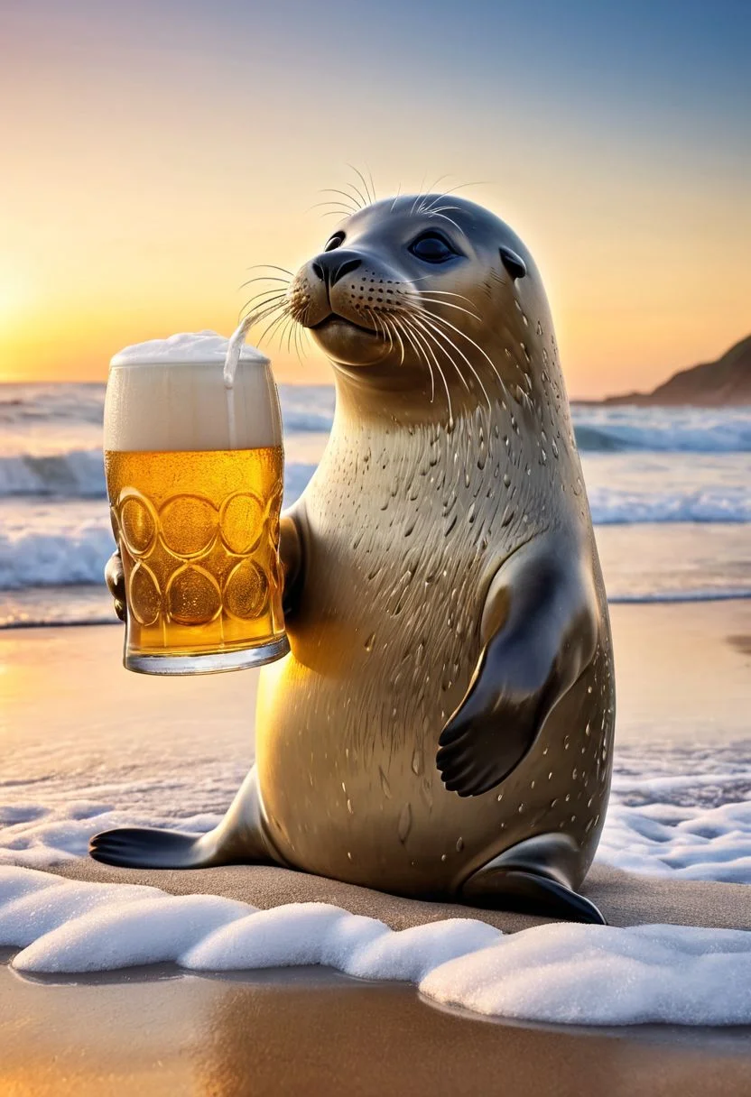 Illustrate a charming anthropomorphic seal, exuding a playful demeanor, indulging in a refreshing beer from an oversized beer mug. The seal's sleek, glossy fur glistens under the warm glow of a beachside sunset, casting a soft, golden hue over the scene. With a mischievous twinkle in its large, expressive eyes, the seal gleefully raises the frothy mug to its whiskered snout, savoring the crisp, bubbling brew. The beer mug, adorned with intricate patterns and condensation droplets, brims with effervescent liquid, emitting a tantalizing aroma of hops and malt. Soft, sandy shores and gentle ocean waves provide a tranquil backdrop, echoing the carefree spirit of the whimsical seal. The scene captures a moment of pure joy and relaxation, blending the innocence of nature with a touch of anthropomorphic charm.