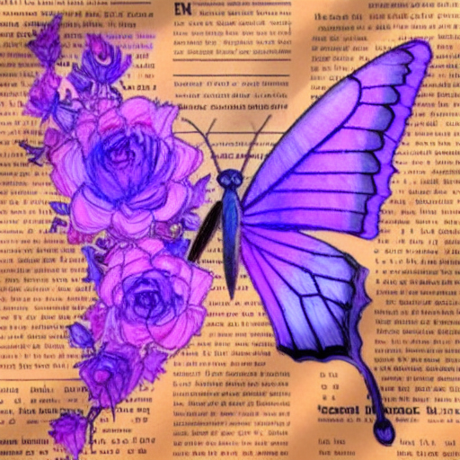 butterflyRose, rose, drawing, purple,newspaper background