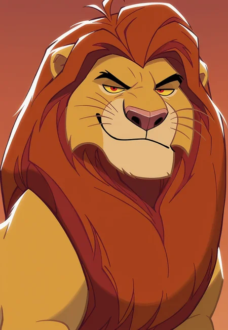 safe_pos, score_9, score_8_up, score_7_up, score_6_up, hi res, highly detailed, masterpiece, red background, rimlight, screencap, Mufasa, Lion, Yellow Sclera, Red Eyes, nude, solo, male, feral, looking at viewer, smug