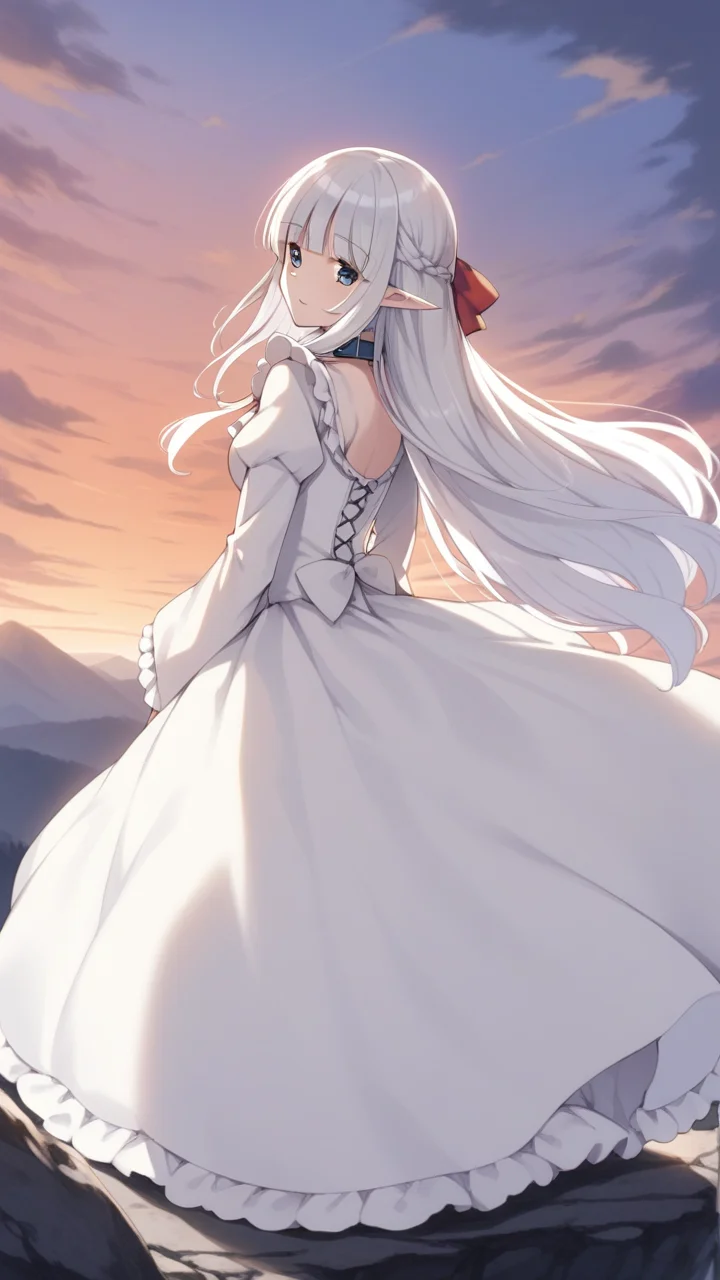 score_9, score_8_up, score_7_up, source_anime, BREAK
1girl, solo, from behind, looking at viewer, dutch angle, outdoors, mountains, on top of hill, sky, clouds <lora:Nephilia:0.8>, nephilia, white hair, very long hair, (blue eyes:1.2), braid, pointy ears, elf, red bow, blunt bangs, collar, frills, long sleeves, frilled sleeves, white dress, white dress, frilled dress, (smile:0.6),