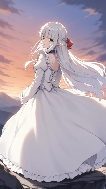 score_9, score_8_up, score_7_up, source_anime, BREAK
1girl, solo, from behind, looking at viewer, dutch angle, outdoors, mountains, on top of hill, sky, clouds <lora:Nephilia:0.8>, nephilia, white hair, very long hair, (blue eyes:1.2), braid, pointy ears, elf, red bow, blunt bangs, collar, frills, long sleeves, frilled sleeves, white dress, white dress, frilled dress, (smile:0.6),