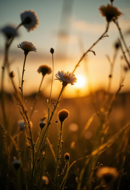 m100-style, Close-up of a flowering camomile plant in the background as the sun sets atmospherically