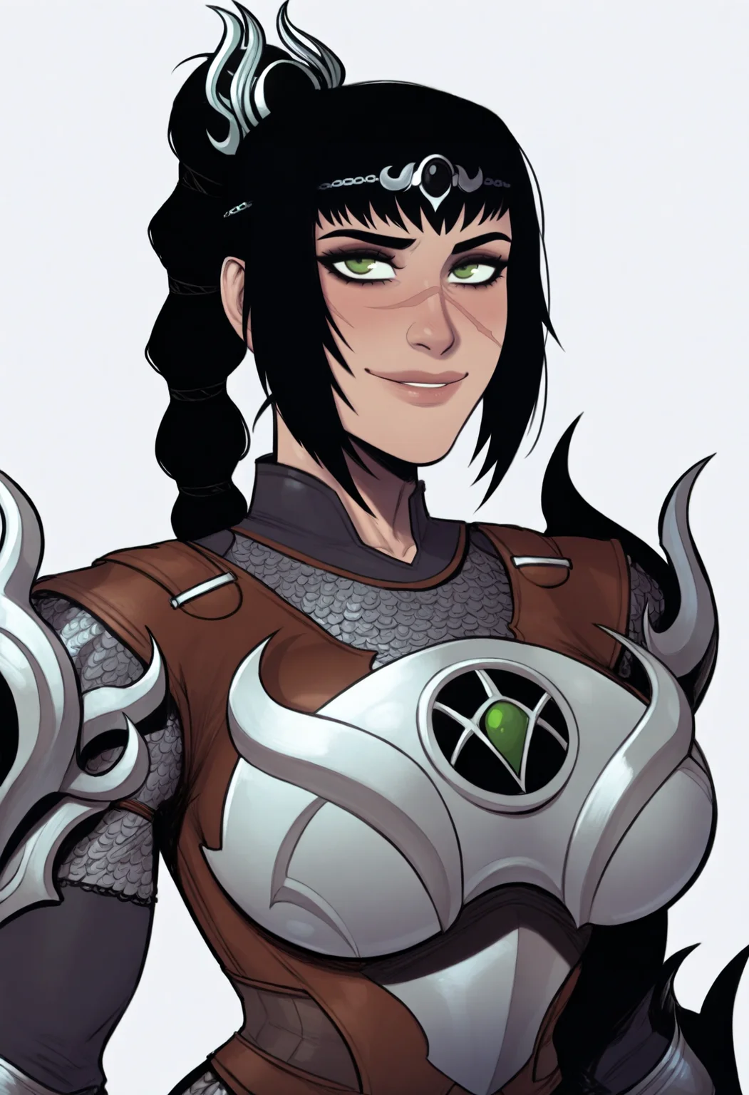 devilhs,
best quality, amazing quality, very aesthetic, absurdres,
1girl, solo, shadowheart, black hair, braided ponytail, green eyes, scar on face, circlet, armor, large breasts,
horny smile, looking at viewer, upper body, simple background, white background <lora:ShadowHeartIllustrious_byKonan:0.8> <lora:DevilHSIllustriousXL_byKonan:1>