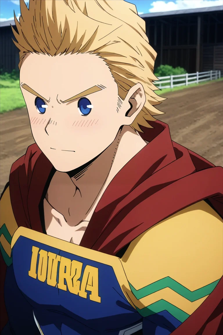 score_9, score_8_up, score_7_up, source_anime, rating_safe, , semi-realistic, looking at viewer, , 1boy, solo, male focus, <lora:mirio_toogata_pony:0.9>, mirio_toogata, blonde hair, blue eyes, short hair, spiked hair, bodysuit, superhero, red cape, straight-on, farm, plantation, day, arm support, shy, blush, , <lora:sdxl_lightning_8step_lora:1>