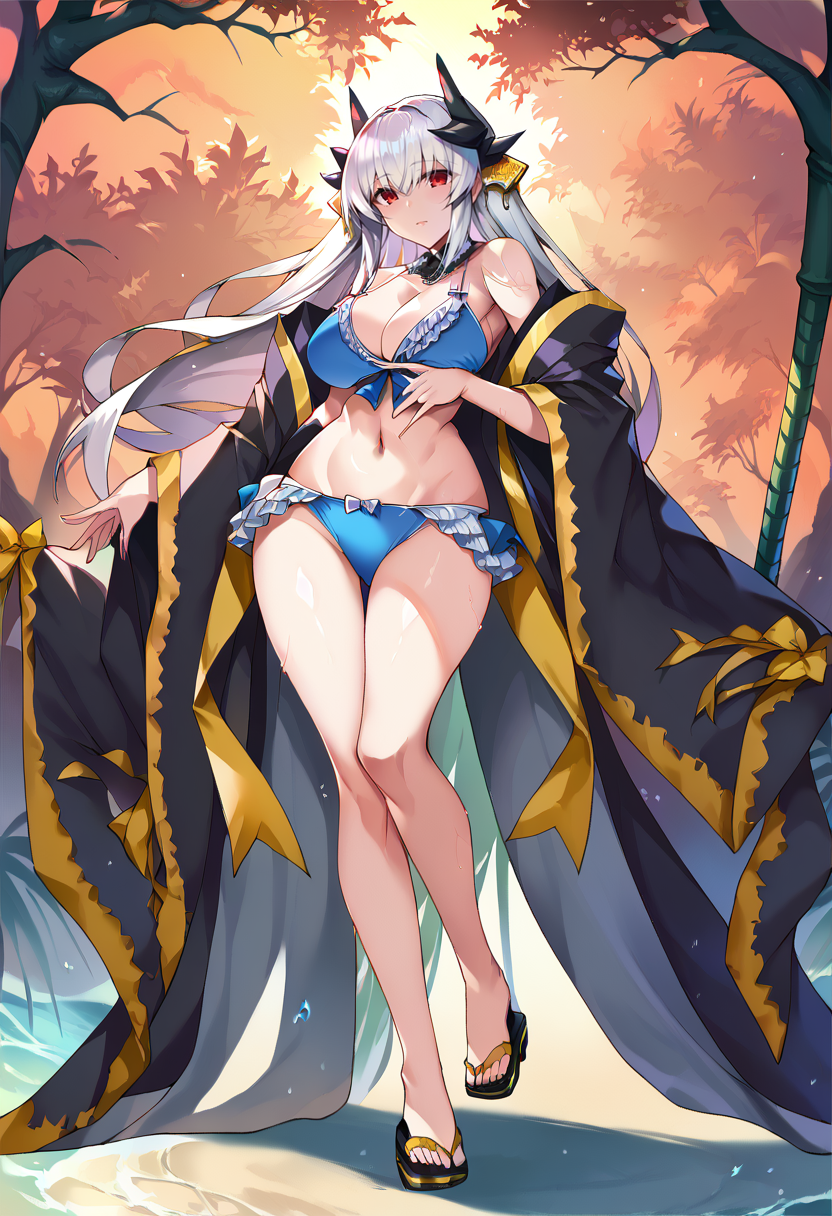 score_9, score_8_up, score_7_up, source_anime BREAK 1girl,  <lora:spfateKiyohimeXLPony:1> kiyola3st, white hair, horns, yellow bow, blue bikini, cleavage, frills, frilled bikini, japanese clothes, black kimono, standing, full-body shot, big breasts        <lora:Kirome-Style-PonyXL-Dora-000022:1>