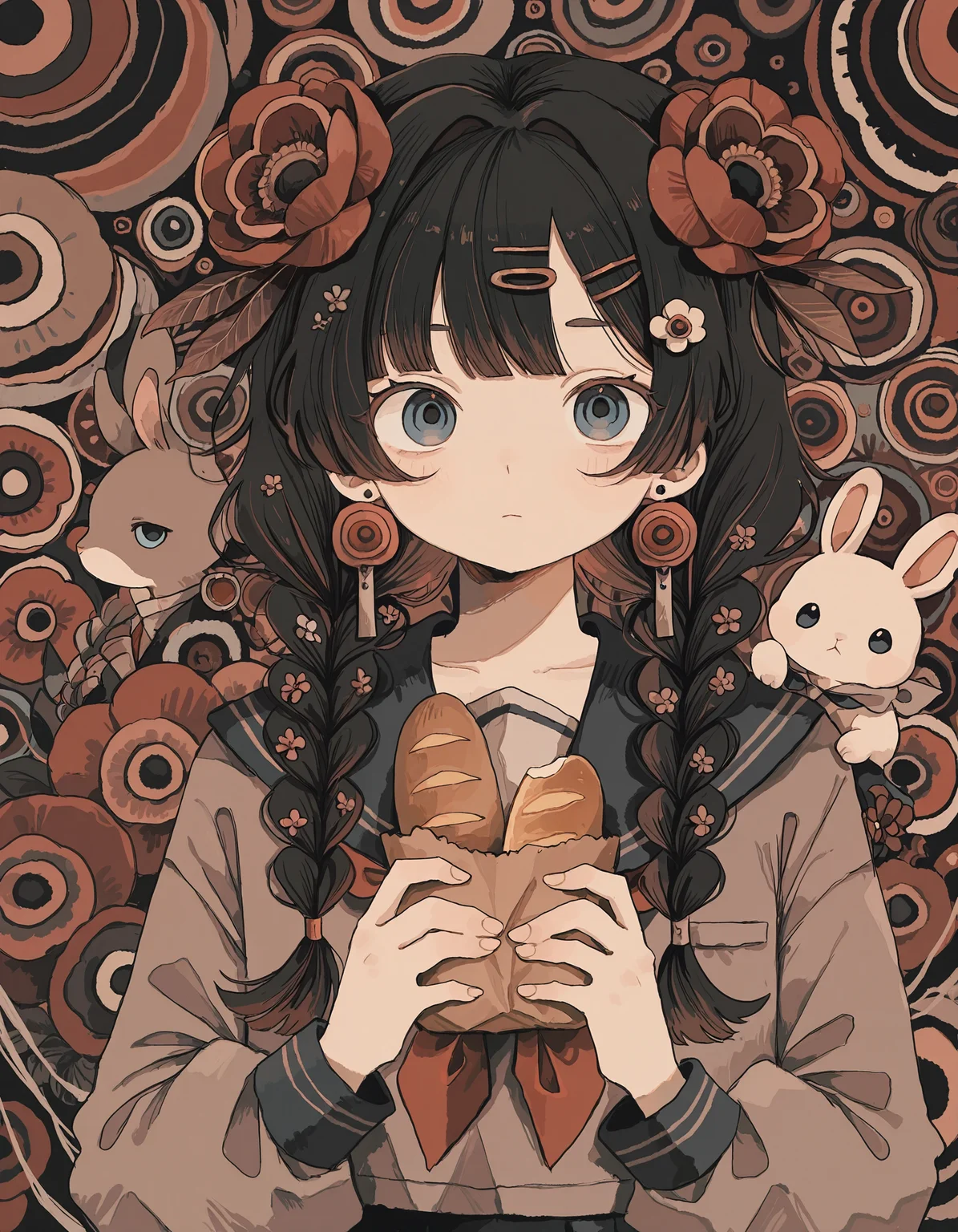 masterpiece, best quality, newest, highres, absurdres, <lora:wasabi_natsume_style_r1:1>,wasabi_natsume_illu,abstract,surreal, 1girl, hair ornament, flower, braid, food, long hair, holding, rabbit, bangs, solo, long sleeves, looking at viewer, sailor collar, blue eyes, jewelry, earrings, upper body, hairclip, bread, twin braids