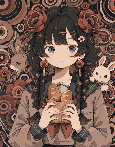 masterpiece, best quality, newest, highres, absurdres, <lora:wasabi_natsume_style_r1:1>,wasabi_natsume_illu,abstract,surreal, 1girl, hair ornament, flower, braid, food, long hair, holding, rabbit, bangs, solo, long sleeves, looking at viewer, sailor collar, blue eyes, jewelry, earrings, upper body, hairclip, bread, twin braids