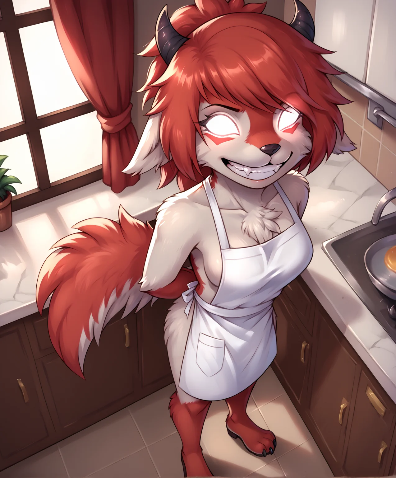 digital painting, all the other Pony quality tags, check the prompts! digital painting, all the other Pony quality tags, check the prompts! score_9, score_8_up, score_7_up, score_6_up, score_5_up, score_4_up, , source_furry, detailed background, detailed fluffy fur,on kitchen, full body, high-angle view, hands behind back, background, indoors, 1girl, female anthro,
BREAK
<lora:Smiley_Cindy:1.0> female, furry, anthro,smiley-cindy,chest tuft, horns, canid demon, no pupils, white eyes, smirk, teeth, 4 toes, partially clothed, breasts, (apron only:1.1), white apron, medium red hair, white fur, red fur, tail, 4 toes, <lora:DetailedFur:0.7>