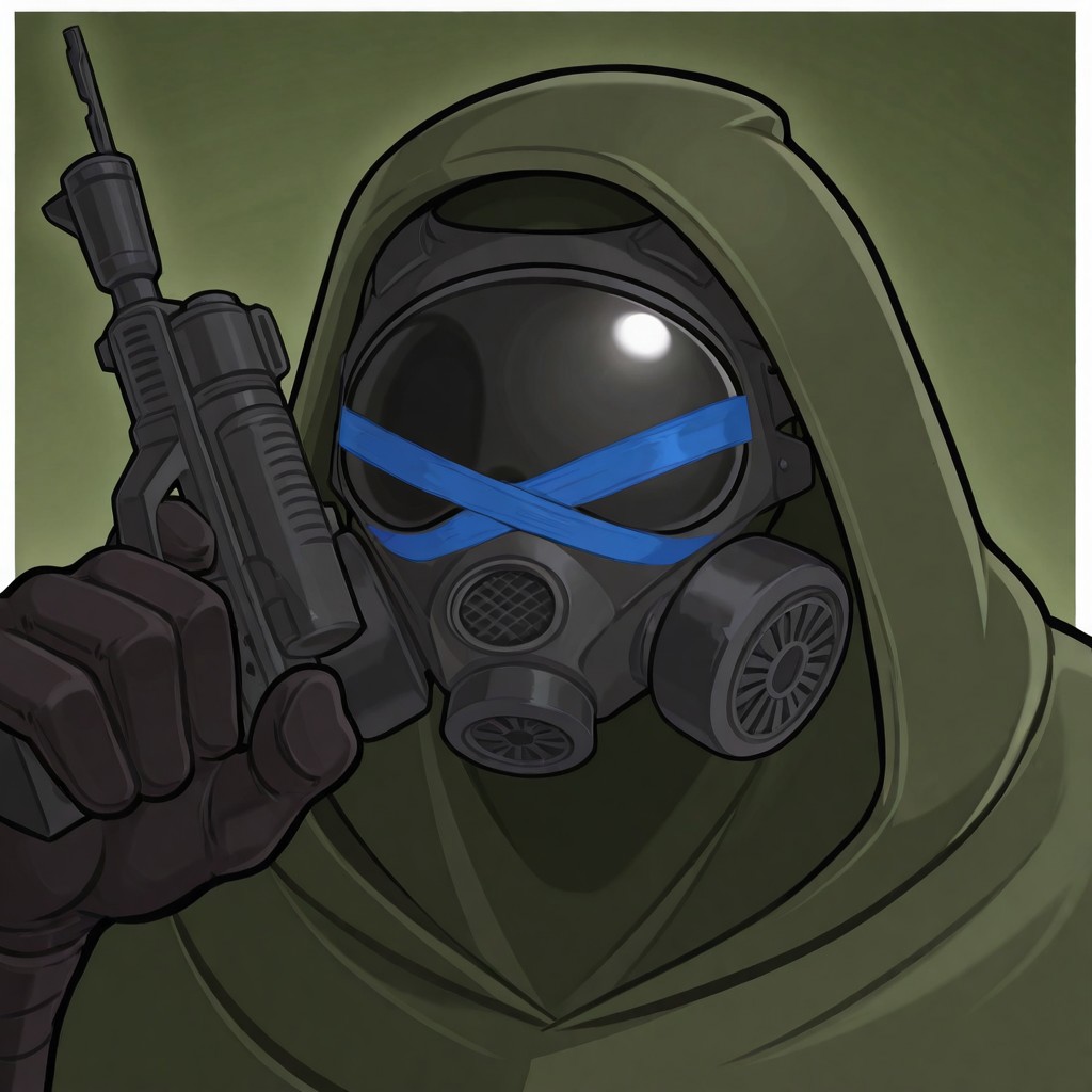 masterpiece, best quality, newest, absurdres, highres, white borders around characters, soft light, BREAK bara, muscular, 1man, male focus, male, male focus, 1boy, RandmDude34, tight hood, dark green hood, black Gas mask, blue tape, blue tape wrapped around the gas mask, {{beefy}}, {{muscular}}, {{large}}, close up to face, gun on hand