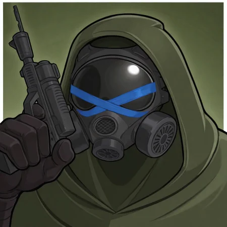 masterpiece, best quality, newest, absurdres, highres, white borders around characters, soft light, BREAK bara, muscular, 1man, male focus, male, male focus, 1boy, RandmDude34, tight hood, dark green hood, black Gas mask, blue tape, blue tape wrapped around the gas mask, {{beefy}}, {{muscular}}, {{large}}, close up to face, gun on hand