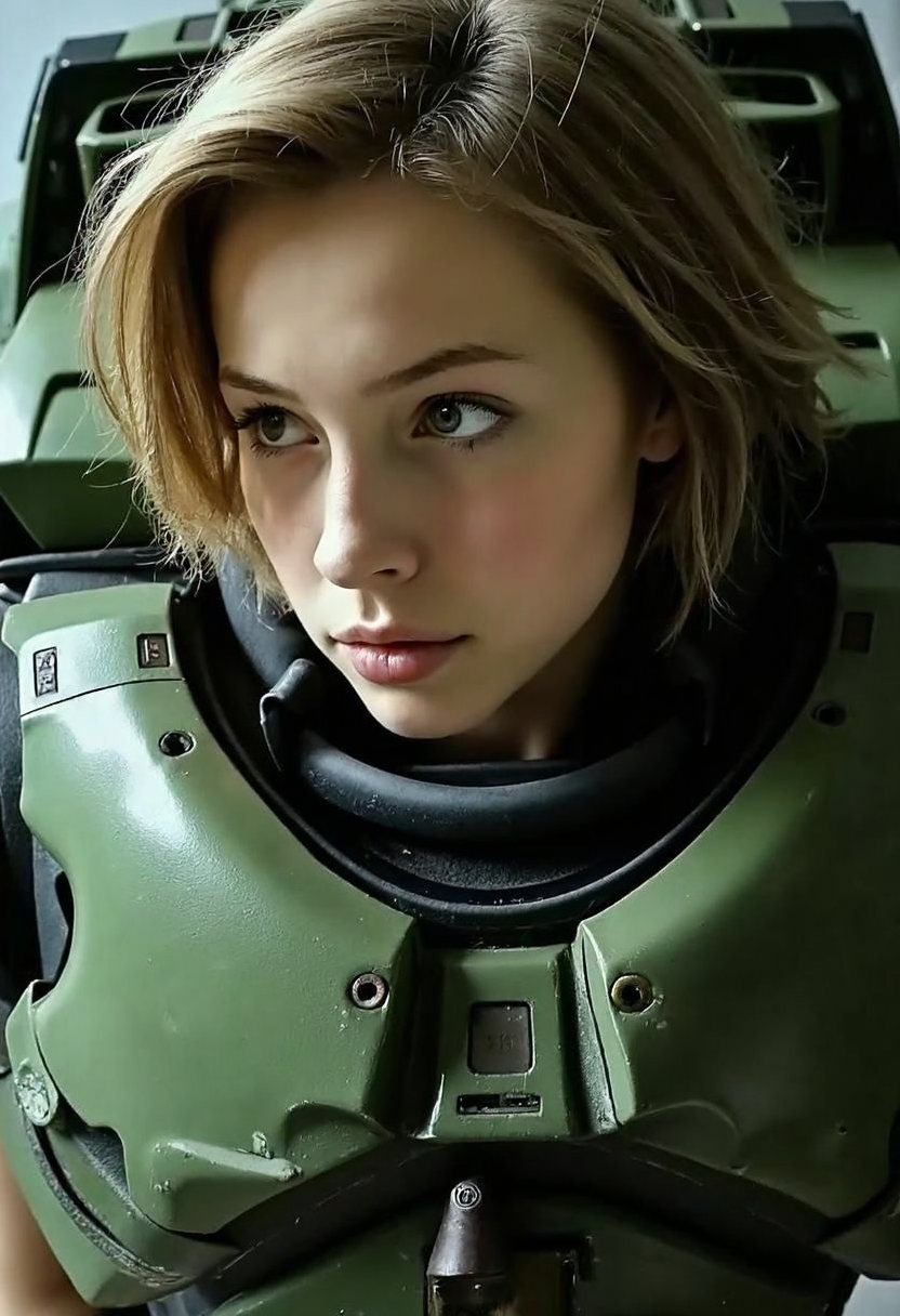 young woman wear Master Chief's armor, early 20s, masterchief, looking at the viewer, amateur quality, low light, underexposed