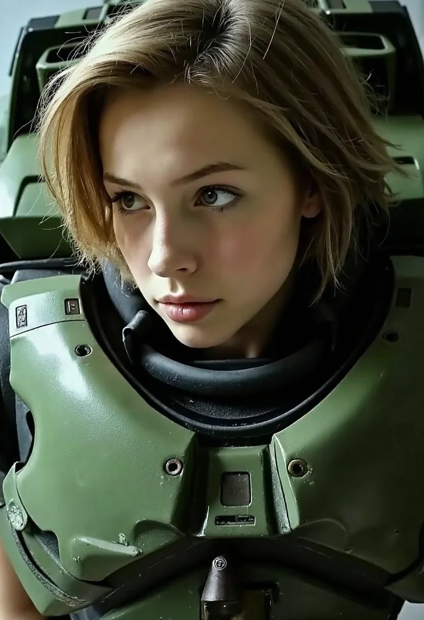 young woman wear Master Chief's armor, early 20s, masterchief, looking at the viewer, amateur quality, low light, underexposed