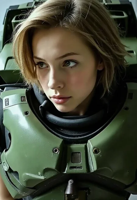 young woman wear Master Chief's armor, early 20s, masterchief, looking at the viewer, amateur quality, low light, underexposed