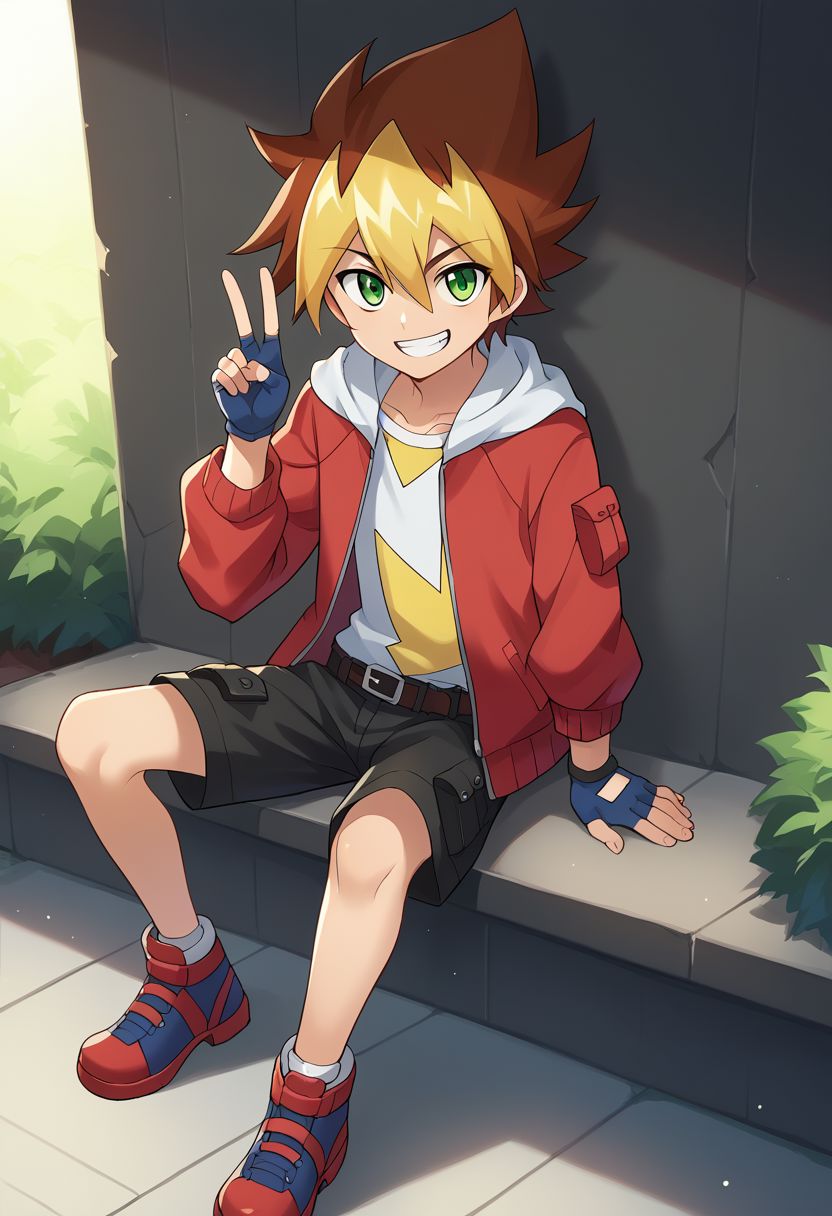 score_9, score_8_up, source_anime, highly detailed, skinny, cute,
yuga, 1boy, male focus, gloves, solo, smile, fingerless gloves, shorts, green eyes, jacket, multicolored hair, hood, shirt, brown hair,
hair between eyes, print shirt, red jacket, red shoes, blue shoes,
outdoor, sit, grin, v sign,