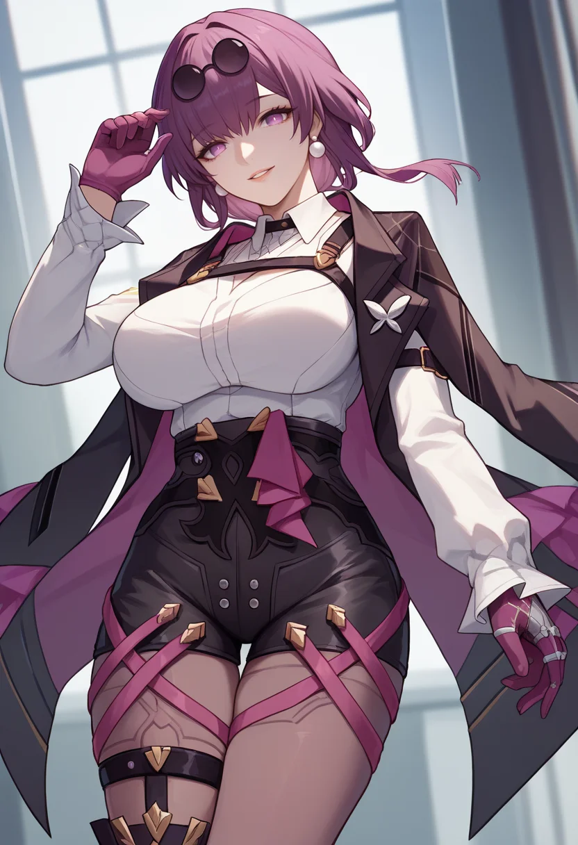 score_9, score_8_up, score_7_up, source_anime BREAK 1girl, solo, <lora:kafka-hsr-richy-v1_pdxl:1> kfka, purple eyes, purple hair, bangs, sidelocks, eyewear on head, pearl earrings, white shirt, collared shirt, long sleeves, black jacket, jacket on shoudlers, harness, large breasts, purple gloves, black shorts, high-waist shorts, purple thigh straps, pantyhose, single thigh boot, parted lips, smile, looking at viewer