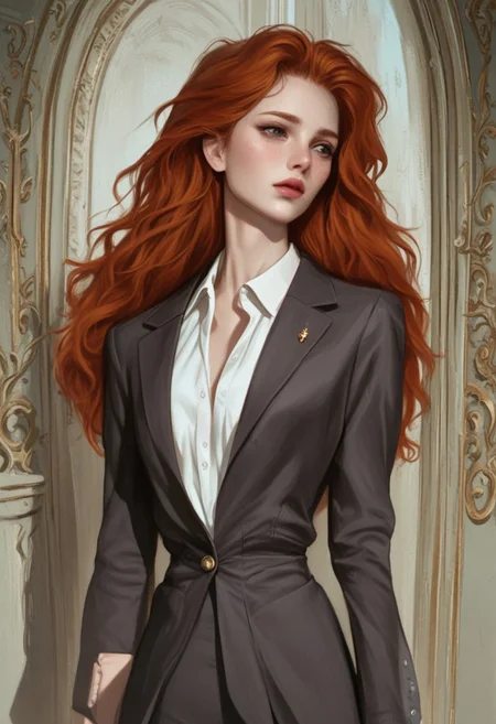 score_9, score_8_up, score_7_up, score_6_up, score_5_up, score_4_up, sharp focus,
renaissance,
mature irish woman, messy long ginger hair,
business attire,
detailed background,