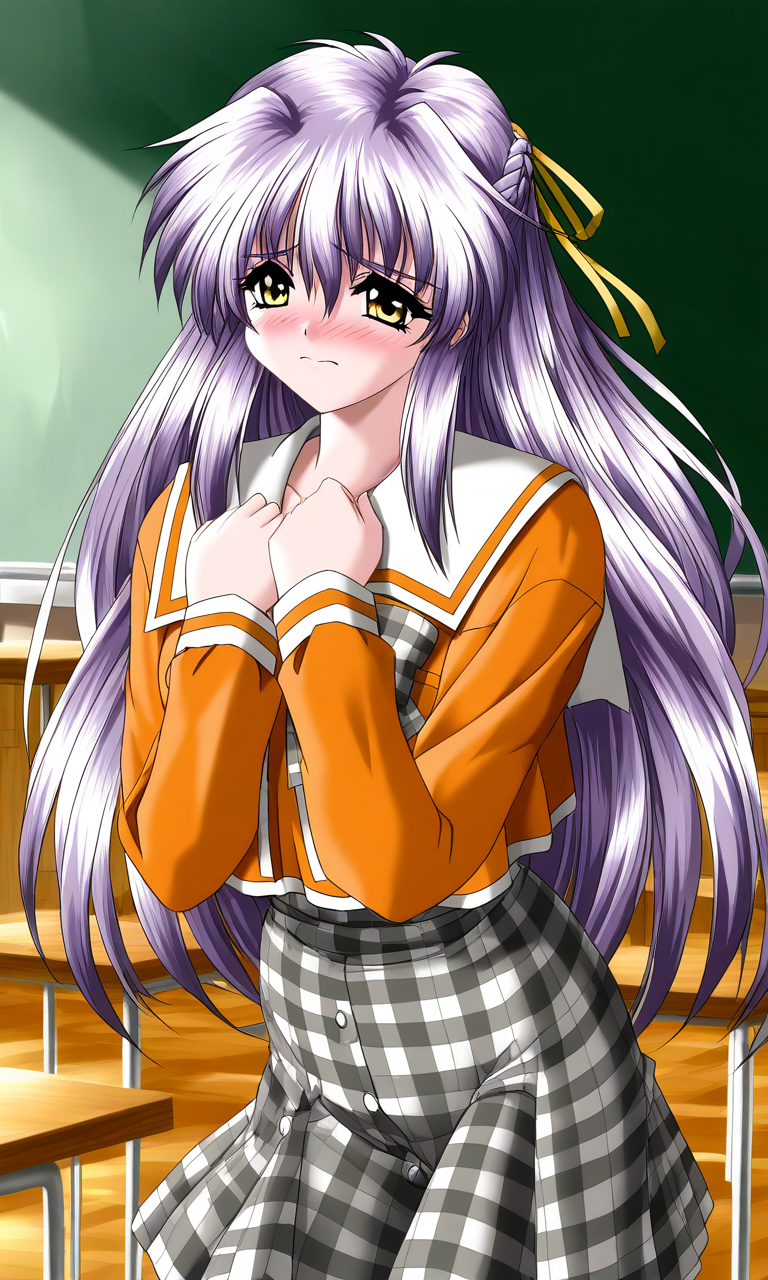 general,highres, ultra-detailed,very aesthetic,best quality ,best hands, BREAK <lora:Nishikujo_Shion_Akumu_AoiKajitsunoSange_IS:1>
Nishikujo_Shion, 1girl, solo, light purple hair, long hair, half updo, yellow eyes, hair ribbon, yellow ribbon, small breasts,
embarrassed+afraid
orange school uniform, ribbon, white and gray skirt, outdoors, 
hands on own chest,
plaid skirt, plaid bow, long sleeves, serafuku,
School, class room, curtain.