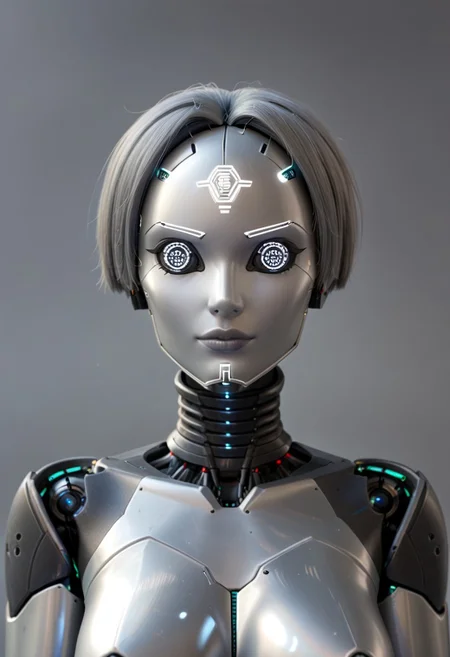 A 35mm photo of a beautiful robotic woman, she has a faceless robotic head, robot, metallic grey hair, smooth metallic featureless feminine body, metallic dark grey skin, long grey hair, dark grey mechanical eyes that don't glow
no face