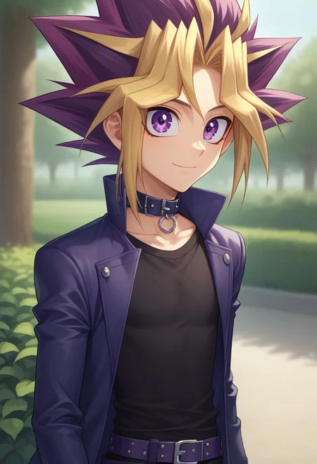 score_9, score_8_up, source_anime, highly detailed,
yugi, 1boy, skinny, cute, male focus, solo, dyed bangs, smile, purple eyes, blonde hair, spiked hair, bangs, shirt, collar, multicolored hair, jacket, black shirt, purple hair,
outdoor,