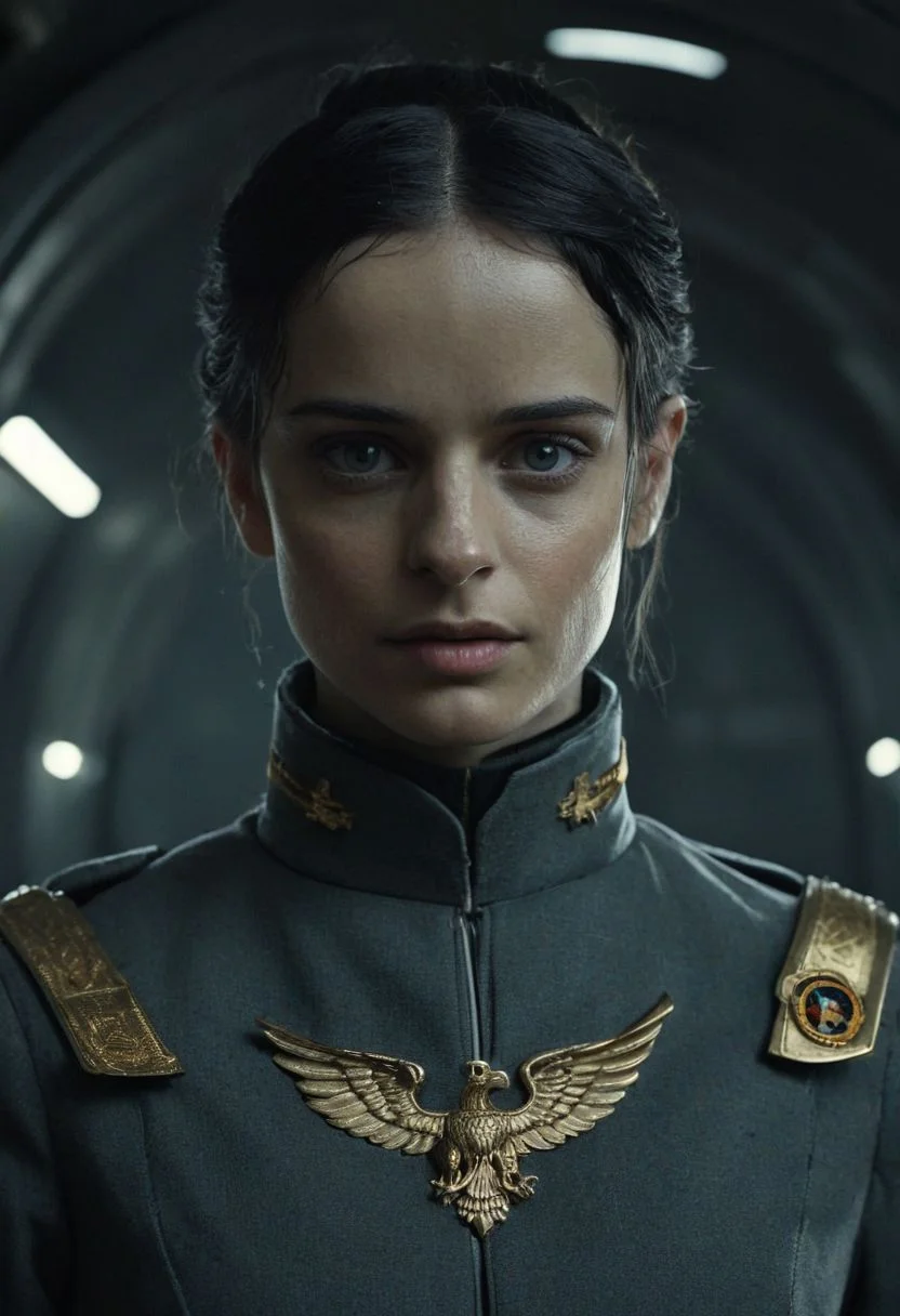 Cinematic Full body photo of standing
Beautiful young Roman female,
Prominent jaw and aquiline nose, Blue eyes and Dark hair in a bun with a subtle golden circlet, strict look. looking at viewer, (young Eva Green:0.9)
Fitting, tight dark grey cloth futuristic military uniform with eagle coat of arms. Sash.
standing in gothic sci-fi spaceship.
Dark, dim and ominous light, Dark and dirty sci-fi, 
Cinematic, dark mood, high resolution,  majestic, detailed background, full body photo, Cinematic Lighting, JuggernautNegative,, indoor light.