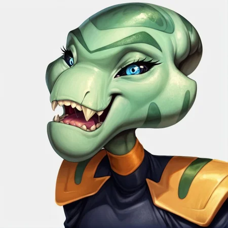 score_9, score_8_up, score_8,source_furry,
1girl,
solo,
furry female,
alien,
looking at viewer,
smile,
uniform,
black uniform,
gold trim,
green skin,
green body,
upper body,
open mouth,
bald,
standing,
teeth,
<blue eyes:1.5>,
<black sclera:1.5>,
<simple background:1.5>,
<white background:1.5>,
<lora:Grand_Councilwoman_Pony_SDXL:1> grand_councilwoman,, dumb,
confused,
teeth,
tongue out,