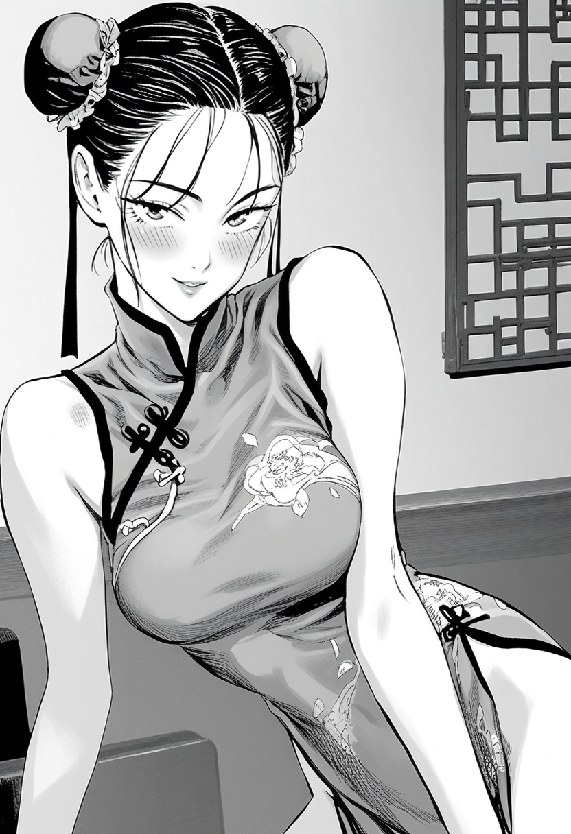 score_8_up, woman, breasts, black hair, bun, china dress, looking at viewer, seductive smile, blush, indoors, greyscale,  <lora:OnePunchManStyle:1>